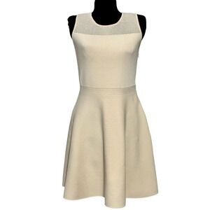 Ann Taylor Ivory Knit Sheer Mesh Yoke Sleeveless A-line Fit & Flare Dress size M